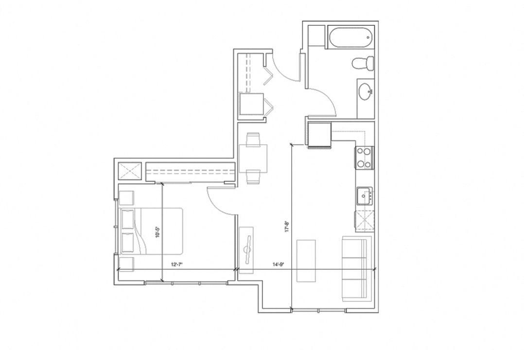 Floor plan for 1 bed, 1 bath, 623 sqft